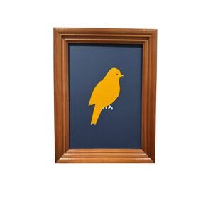 Vintage 1990s Handmade Yellow Bird on Blue Framed Paper Art